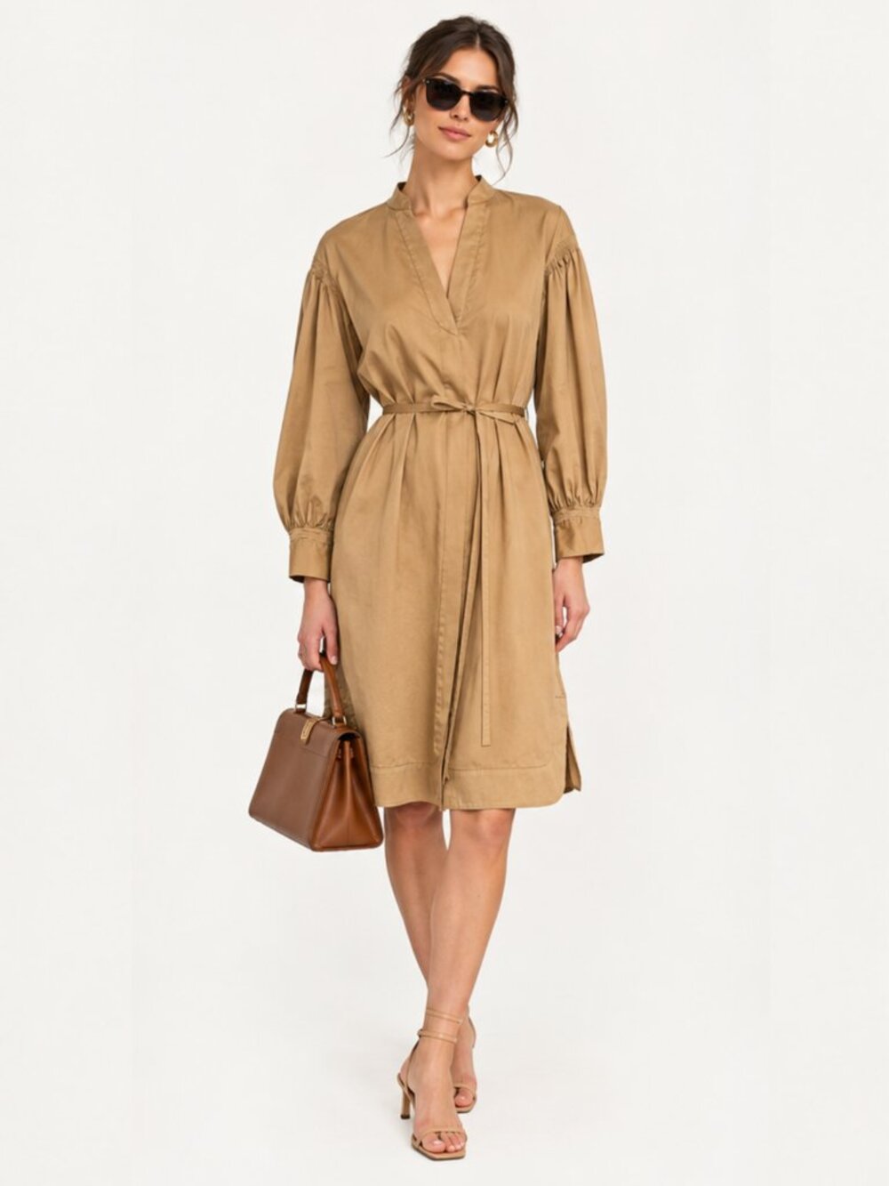 Rebecca Taylor Sateen Golden Tan Midi Shirt Dress
